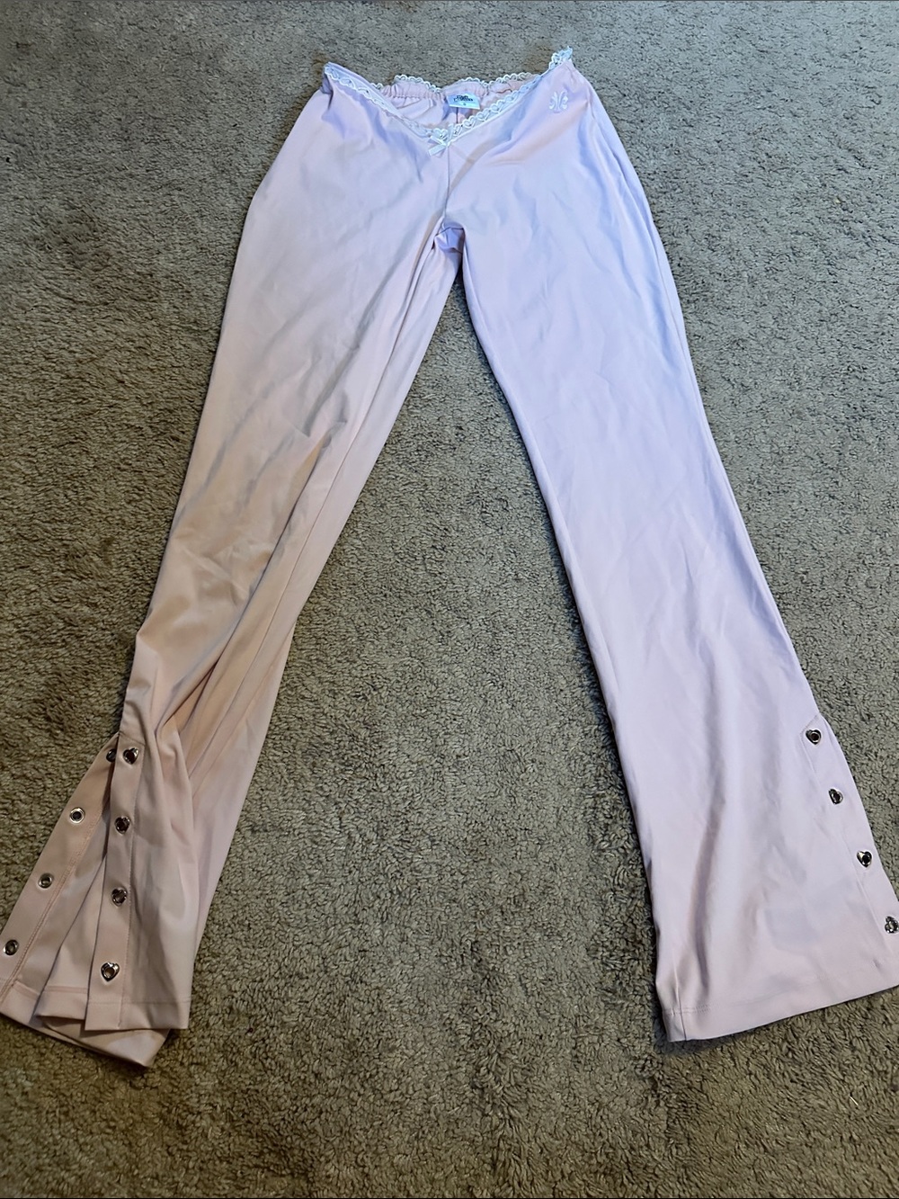 Light Pink Women’s Flared Lounge Pants with Hearts that are easy to lace on legs